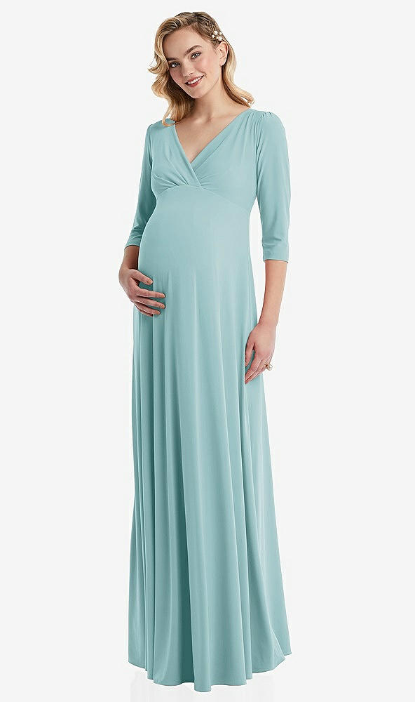 Front View - Canal Blue 3/4 Sleeve Wrap Bodice Maternity Dress