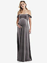 Front View Thumbnail - Caviar Gray Off-the-Shoulder Flounce Sleeve Velvet Maternity Dress