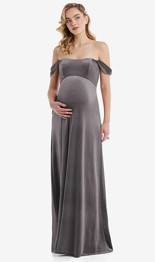 Front View - Caviar Gray Off-the-Shoulder Flounce Sleeve Velvet Maternity Dress