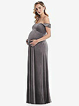 Side View Thumbnail - Caviar Gray Off-the-Shoulder Flounce Sleeve Velvet Maternity Dress