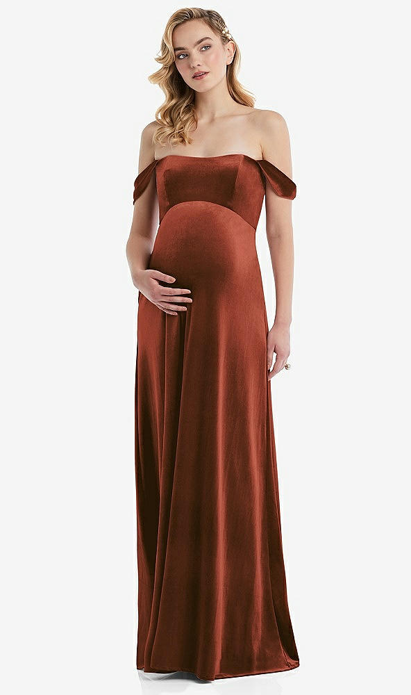 Front View - Auburn Moon Off-the-Shoulder Flounce Sleeve Velvet Maternity Dress