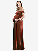 Side View Thumbnail - Auburn Moon Off-the-Shoulder Flounce Sleeve Velvet Maternity Dress