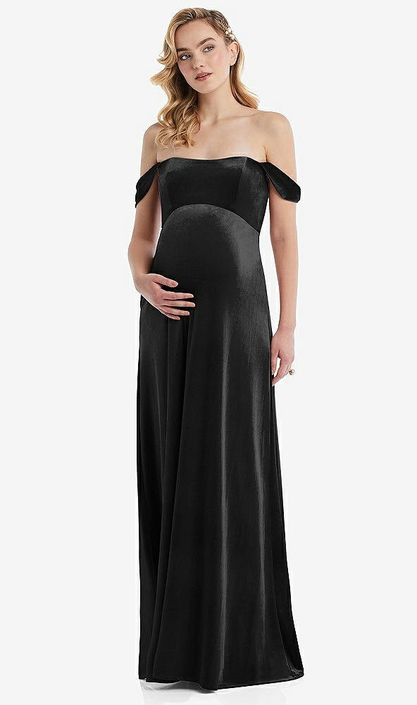 Front View - Black Off-the-Shoulder Flounce Sleeve Velvet Maternity Dress
