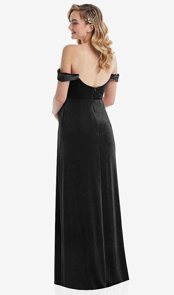 Back View - Black Off-the-Shoulder Flounce Sleeve Velvet Maternity Dress