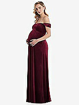 Side View Thumbnail - Cabernet Off-the-Shoulder Flounce Sleeve Velvet Maternity Dress