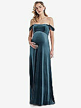 Front View Thumbnail - Dutch Blue Off-the-Shoulder Flounce Sleeve Velvet Maternity Dress