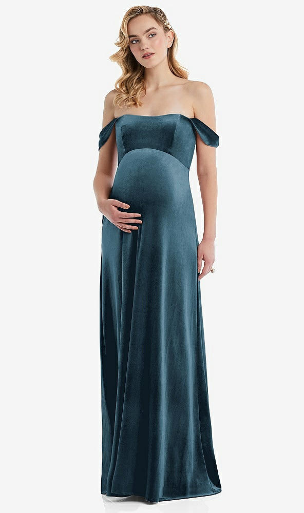 Front View - Dutch Blue Off-the-Shoulder Flounce Sleeve Velvet Maternity Dress