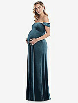 Side View Thumbnail - Dutch Blue Off-the-Shoulder Flounce Sleeve Velvet Maternity Dress