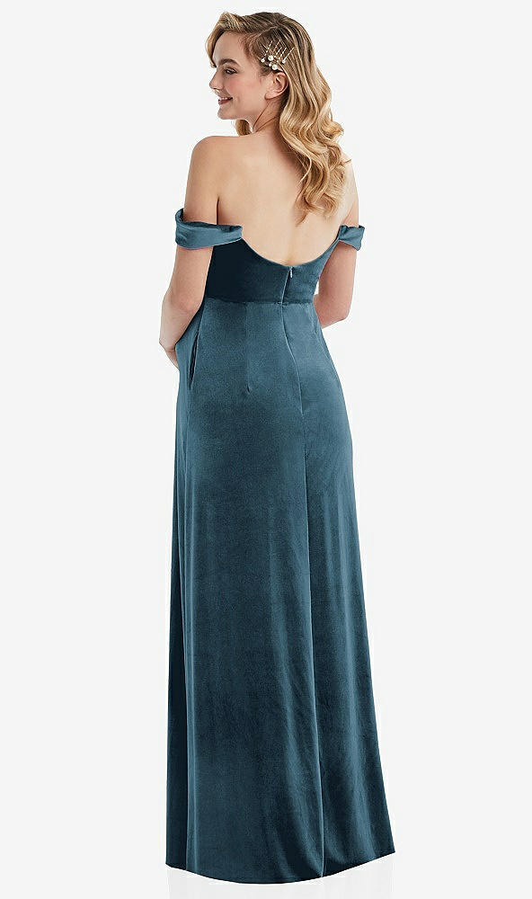 Back View - Dutch Blue Off-the-Shoulder Flounce Sleeve Velvet Maternity Dress