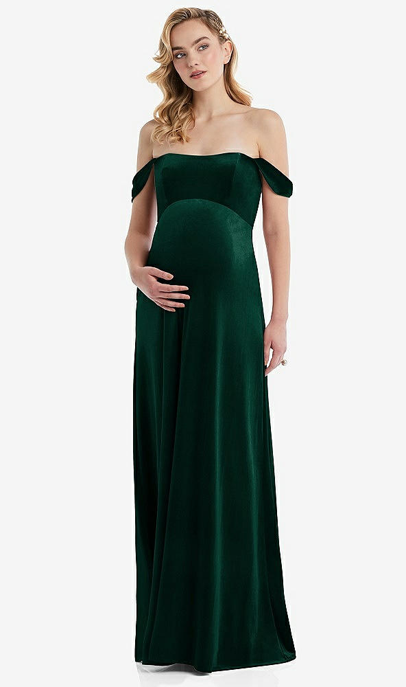 Front View - Evergreen Off-the-Shoulder Flounce Sleeve Velvet Maternity Dress
