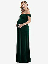 Side View Thumbnail - Evergreen Off-the-Shoulder Flounce Sleeve Velvet Maternity Dress