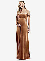 Front View Thumbnail - Golden Almond Off-the-Shoulder Flounce Sleeve Velvet Maternity Dress
