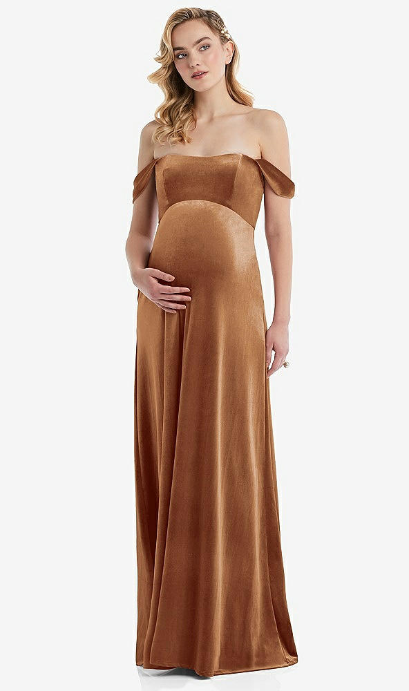 Front View - Golden Almond Off-the-Shoulder Flounce Sleeve Velvet Maternity Dress