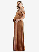 Side View Thumbnail - Golden Almond Off-the-Shoulder Flounce Sleeve Velvet Maternity Dress