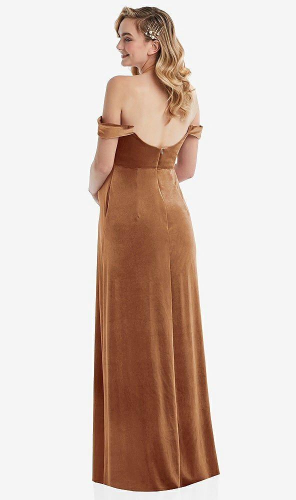 Back View - Golden Almond Off-the-Shoulder Flounce Sleeve Velvet Maternity Dress