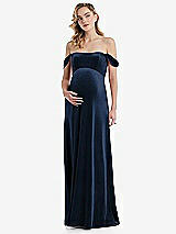 Front View Thumbnail - Midnight Navy Off-the-Shoulder Flounce Sleeve Velvet Maternity Dress