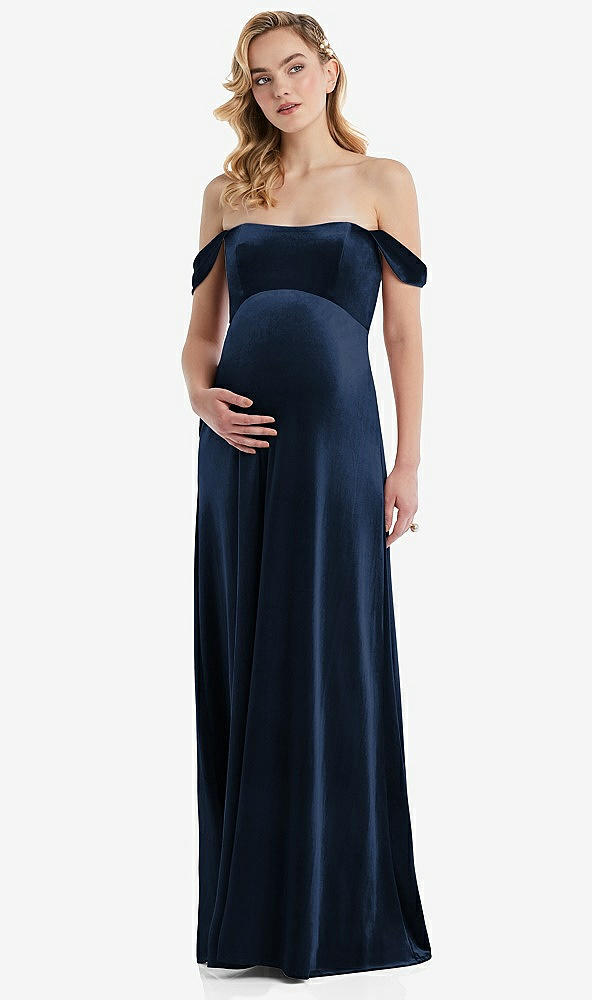 Front View - Midnight Navy Off-the-Shoulder Flounce Sleeve Velvet Maternity Dress