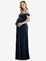 Side View Thumbnail - Midnight Navy Off-the-Shoulder Flounce Sleeve Velvet Maternity Dress