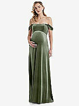 Front View Thumbnail - Sage Off-the-Shoulder Flounce Sleeve Velvet Maternity Dress