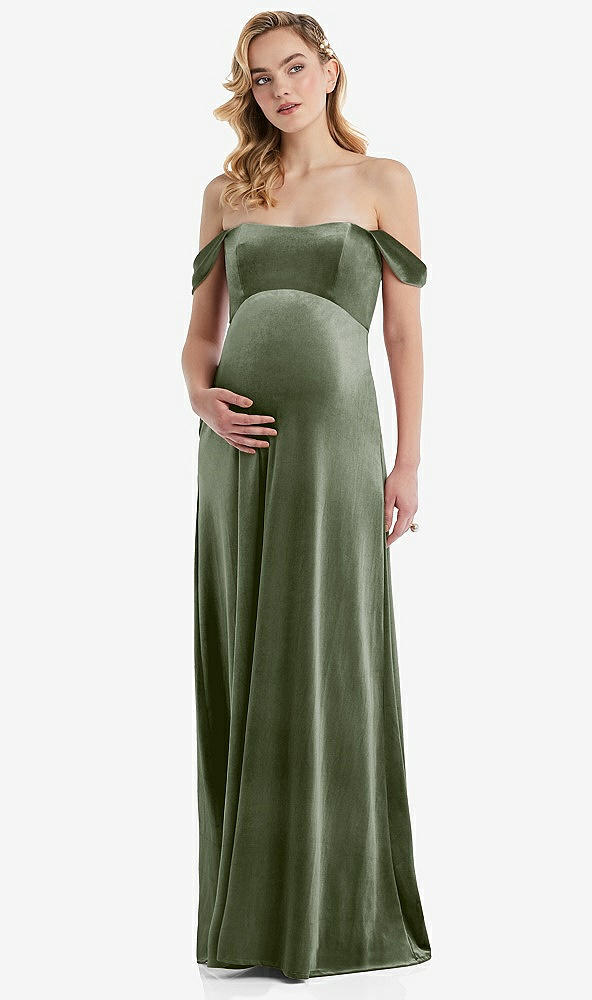 Front View - Sage Off-the-Shoulder Flounce Sleeve Velvet Maternity Dress