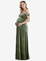 Side View Thumbnail - Sage Off-the-Shoulder Flounce Sleeve Velvet Maternity Dress