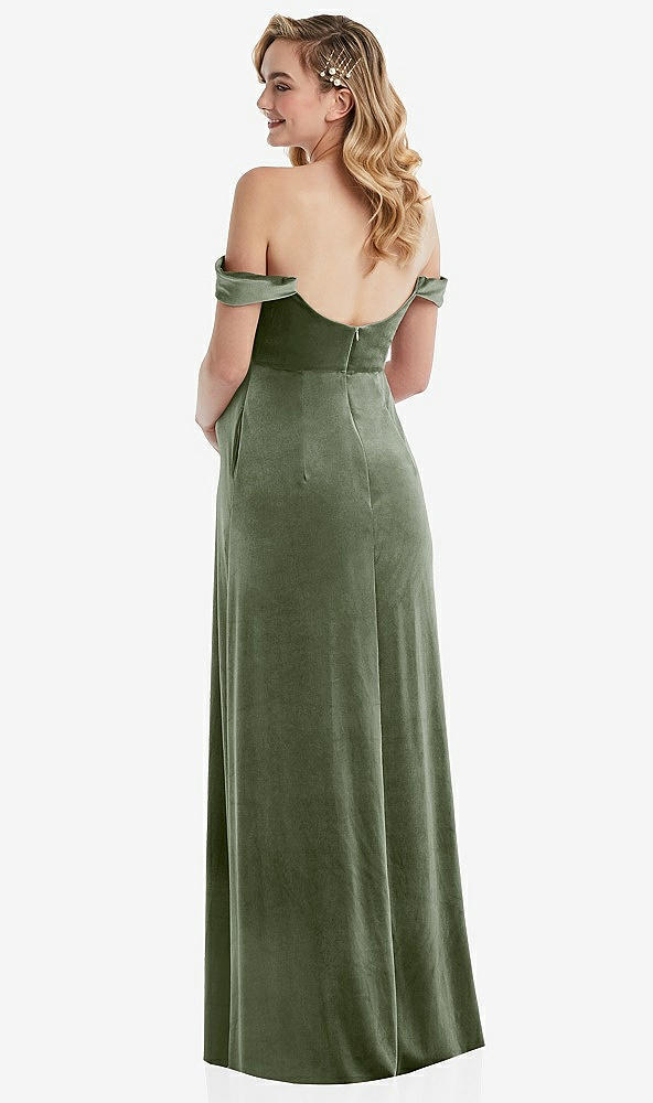 Back View - Sage Off-the-Shoulder Flounce Sleeve Velvet Maternity Dress