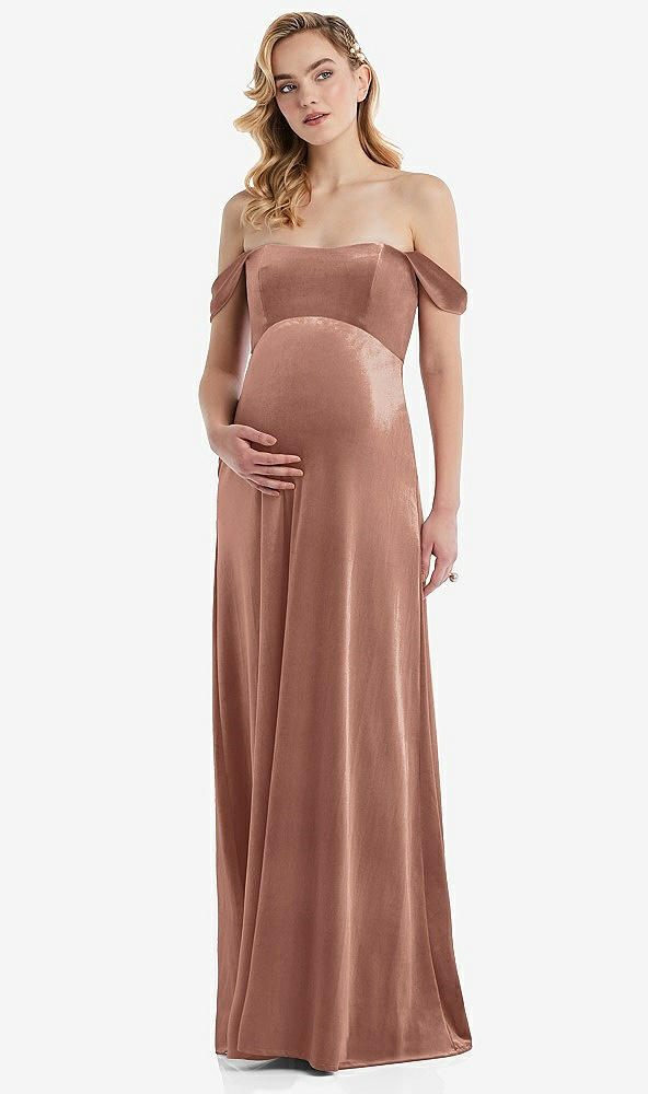 Front View - Tawny Rose Off-the-Shoulder Flounce Sleeve Velvet Maternity Dress