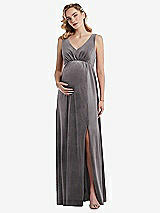 Front View Thumbnail - Caviar Gray V-Neck Closed-Back Velvet Maternity Dress with Pockets