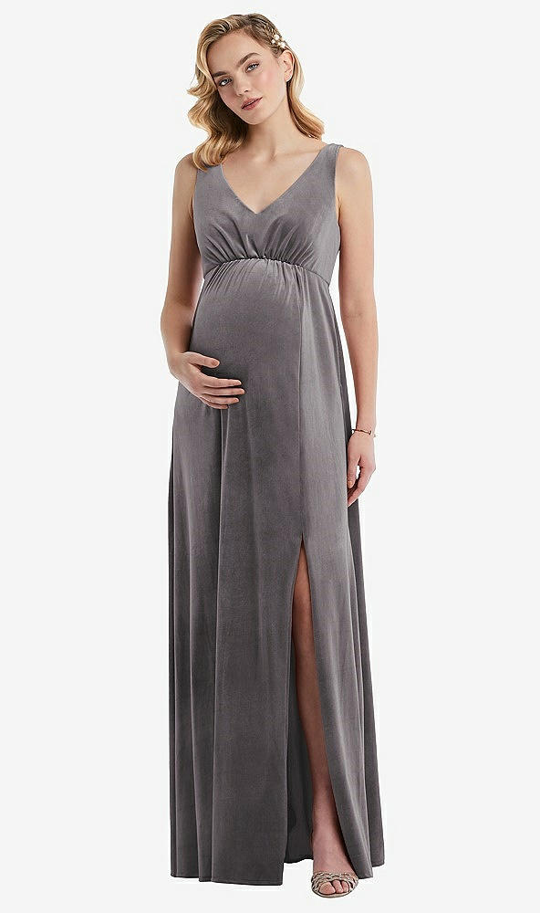 Front View - Caviar Gray V-Neck Closed-Back Velvet Maternity Dress with Pockets