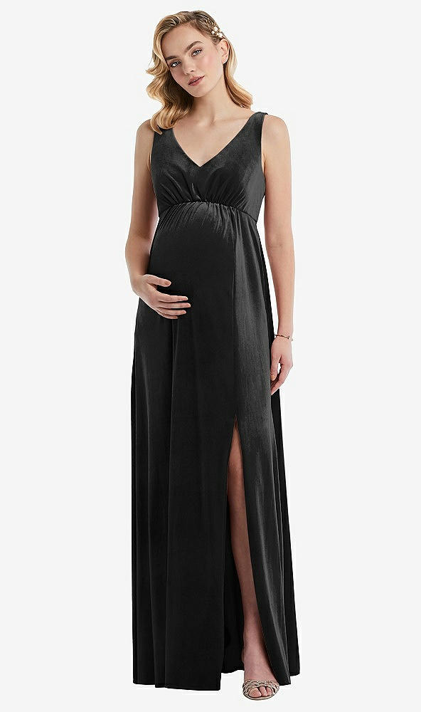 Front View - Black V-Neck Closed-Back Velvet Maternity Dress with Pockets