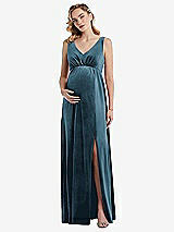Front View Thumbnail - Dutch Blue V-Neck Closed-Back Velvet Maternity Dress with Pockets