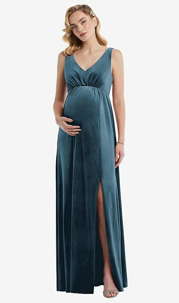 Front View - Dutch Blue V-Neck Closed-Back Velvet Maternity Dress with Pockets