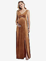 Front View Thumbnail - Golden Almond V-Neck Closed-Back Velvet Maternity Dress with Pockets