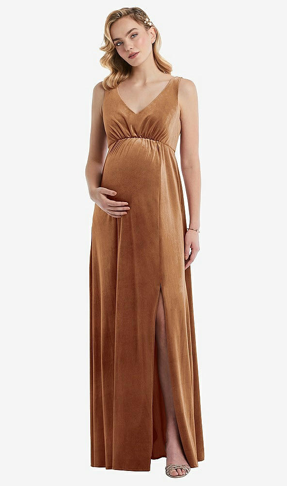 Front View - Golden Almond V-Neck Closed-Back Velvet Maternity Dress with Pockets