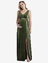 Front View Thumbnail - Olive Green V-Neck Closed-Back Velvet Maternity Dress with Pockets