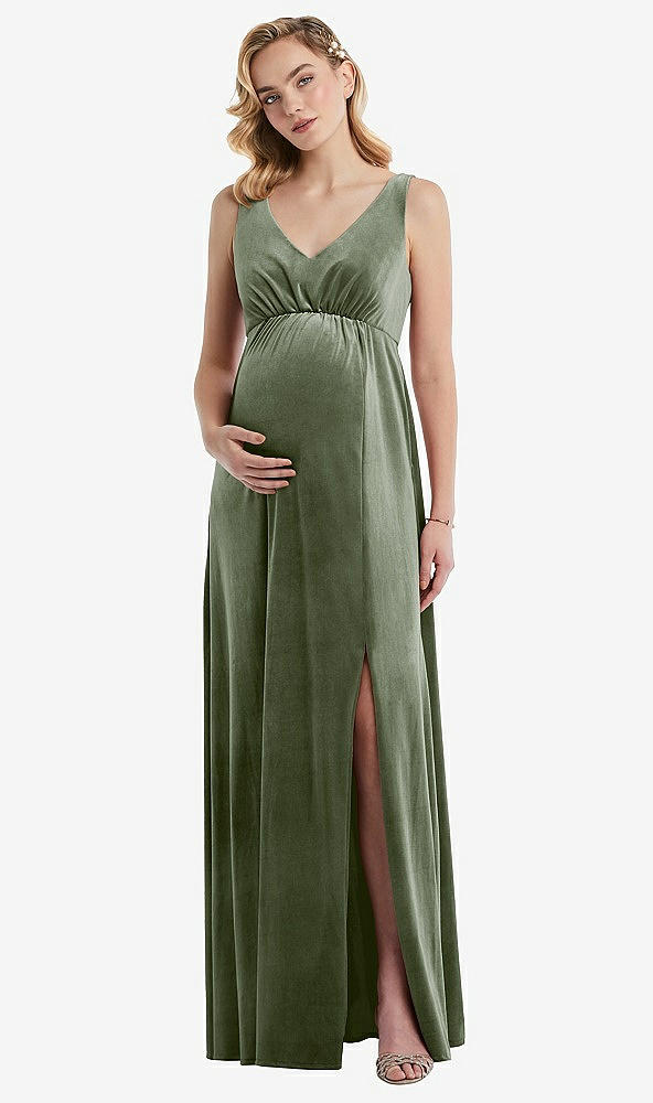 Front View - Sage V-Neck Closed-Back Velvet Maternity Dress with Pockets