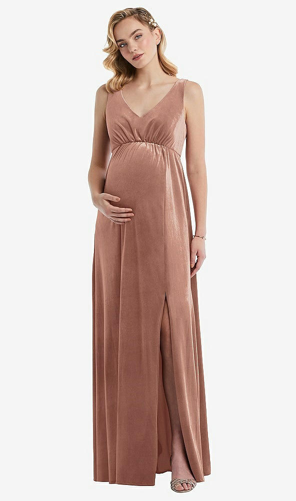 Front View - Tawny Rose V-Neck Closed-Back Velvet Maternity Dress with Pockets