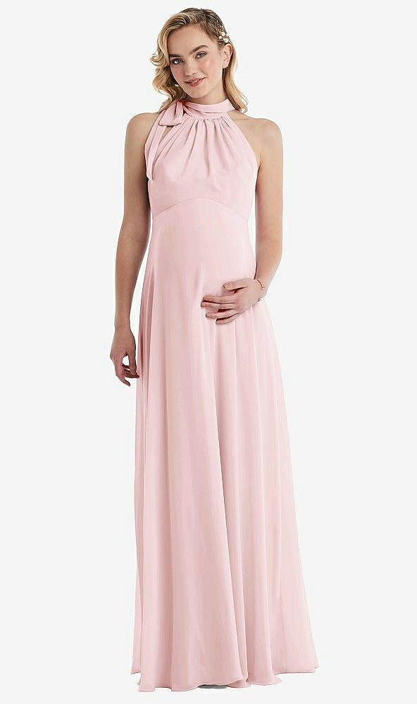 Front View - Ballet Pink Scarf Tie High Neck Halter Chiffon Maternity Dress