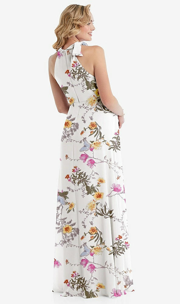Back View - Butterfly Botanica Ivory Scarf Tie High Neck Halter Chiffon Maternity Dress