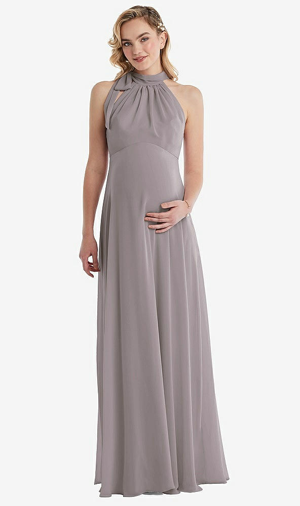 Front View - Cashmere Gray Scarf Tie High Neck Halter Chiffon Maternity Dress