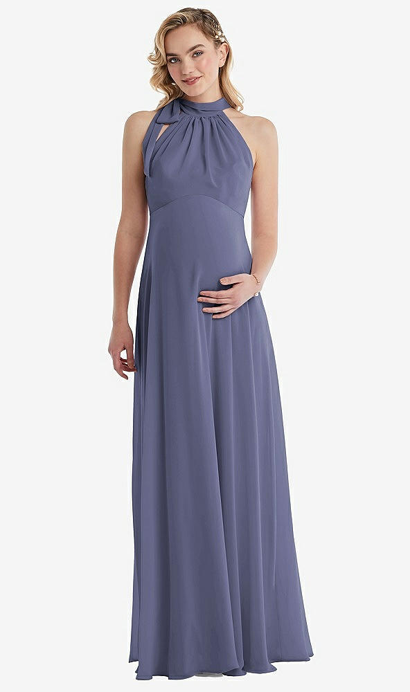 Front View - French Blue Scarf Tie High Neck Halter Chiffon Maternity Dress