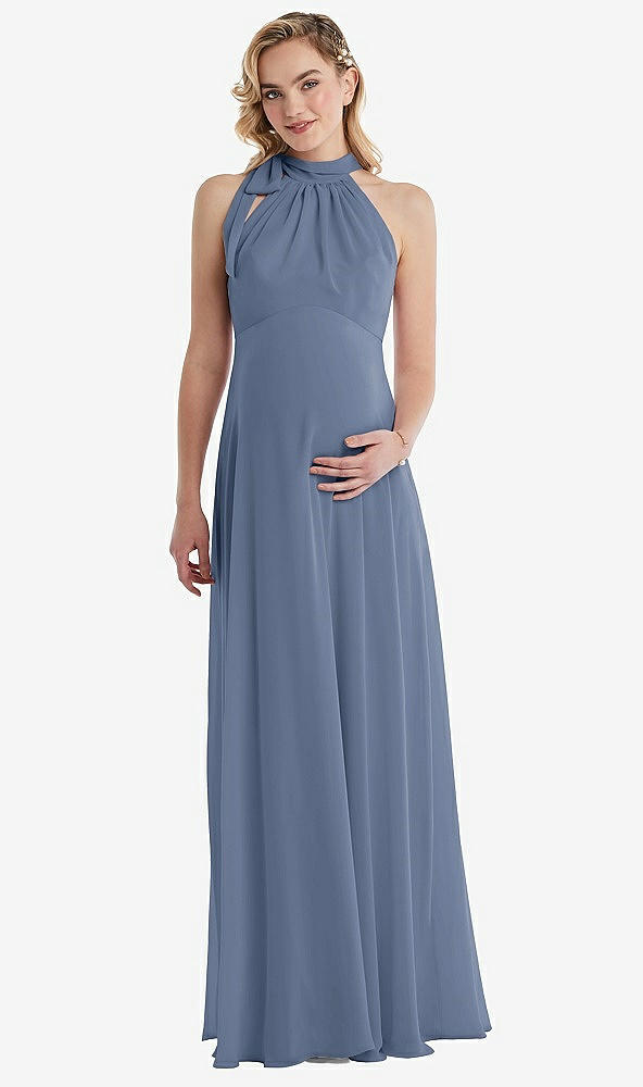 Front View - Larkspur Blue Scarf Tie High Neck Halter Chiffon Maternity Dress