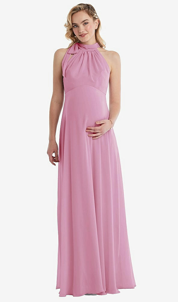 Front View - Powder Pink Scarf Tie High Neck Halter Chiffon Maternity Dress