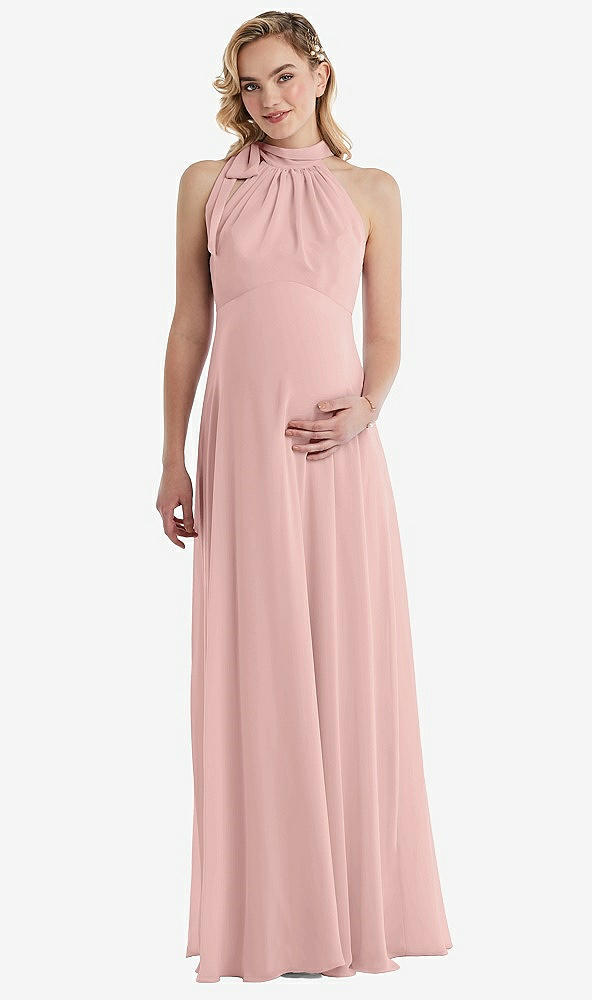 Front View - Rose - PANTONE Rose Quartz Scarf Tie High Neck Halter Chiffon Maternity Dress