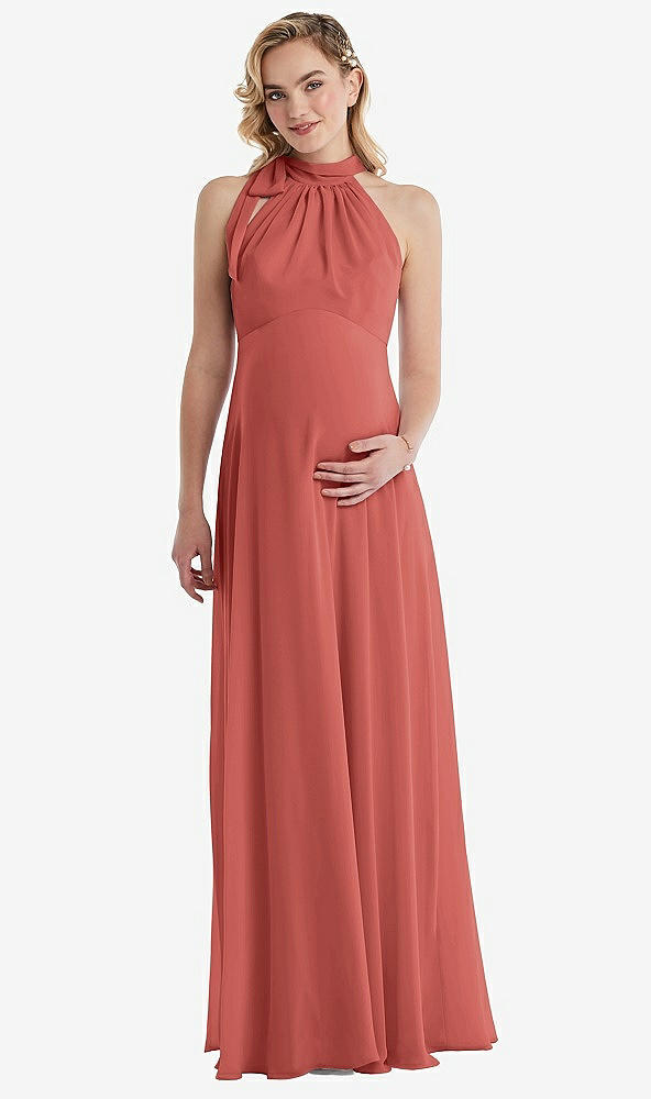 Front View - Coral Pink Scarf Tie High Neck Halter Chiffon Maternity Dress