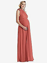 Side View Thumbnail - Coral Pink Scarf Tie High Neck Halter Chiffon Maternity Dress