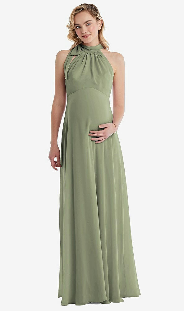 Front View - Sage Scarf Tie High Neck Halter Chiffon Maternity Dress