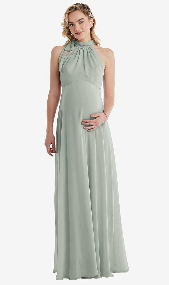 Front View - Willow Green Scarf Tie High Neck Halter Chiffon Maternity Dress