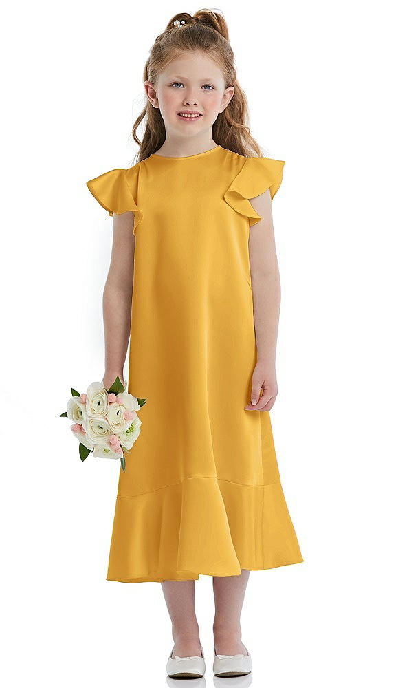 Front View - NYC Yellow Flutter Sleeve Ruffle-Hem Satin Flower Girl Dress