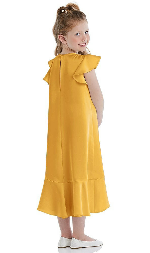 Back View - NYC Yellow Flutter Sleeve Ruffle-Hem Satin Flower Girl Dress